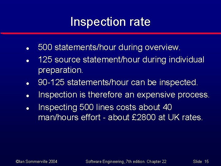 Inspection rate l l l 500 statements/hour during overview. 125 source statement/hour during individual