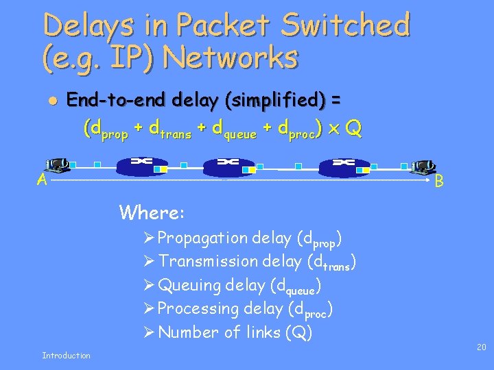 Delays in Packet Switched (e. g. IP) Networks l End-to-end delay (simplified) = (dprop