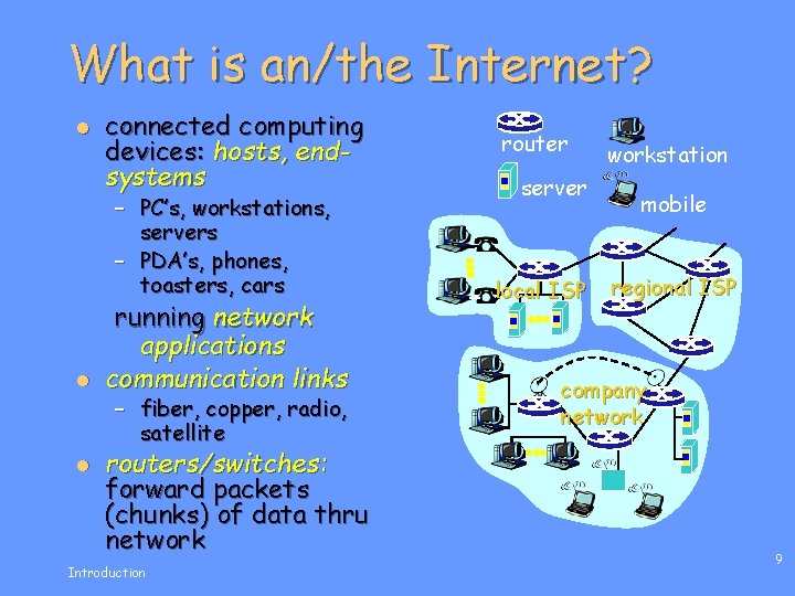 What is an/the Internet? l connected computing devices: hosts, endsystems – PC’s, workstations, servers