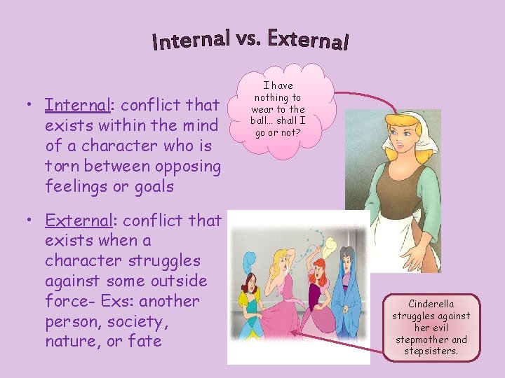  • Internal: conflict that exists within the mind of a character who is