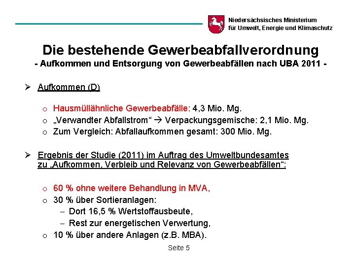 Niedersächsisches Ministerium für Umwelt, Energie und Klimaschutz Die bestehende Gewerbeabfallverordnung - Aufkommen und Entsorgung