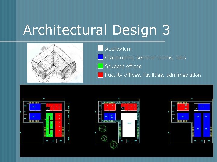 Architectural Design 3 Auditorium Classrooms, seminar rooms, labs Student offices Faculty offices, facilities, administration