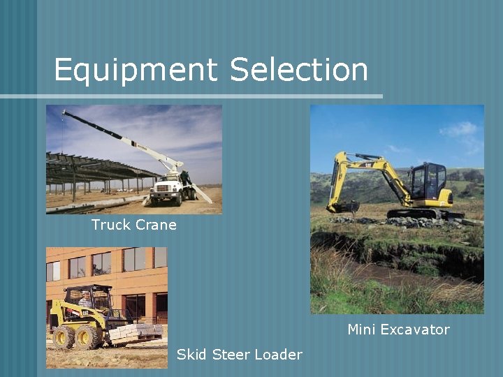 Equipment Selection Truck Crane Mini Excavator Skid Steer Loader 