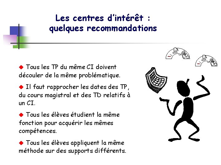 Les centres d’intérêt : quelques recommandations u Tous les TP du même CI doivent