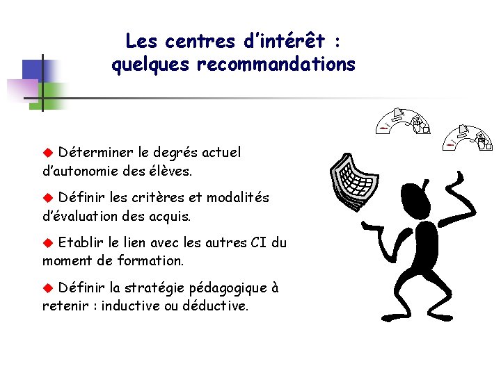 Les centres d’intérêt : quelques recommandations u Déterminer le degrés actuel d’autonomie des élèves.