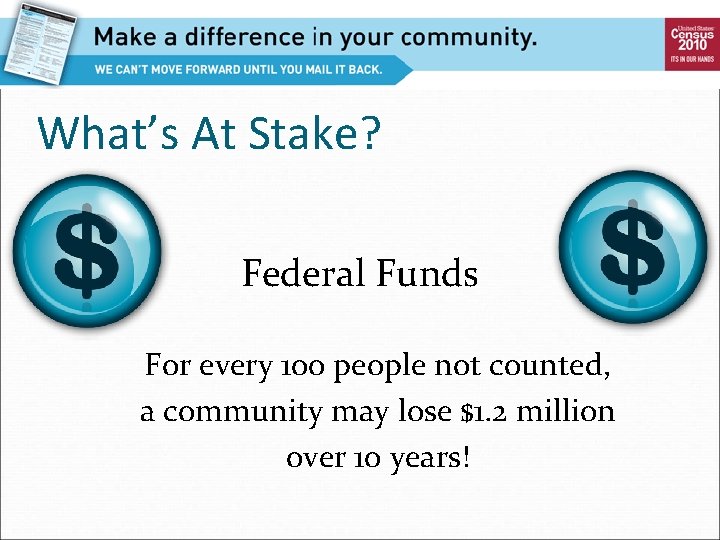 What’s At Stake? Federal Funds For every 100 people not counted, a community may
