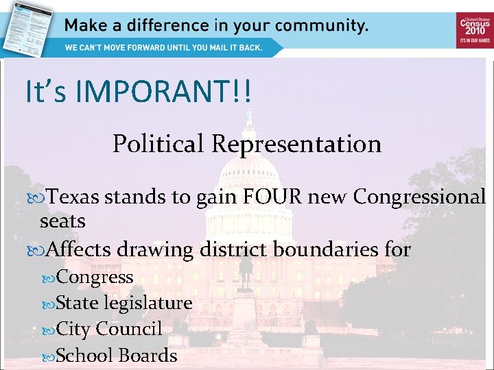 It’s IMPORANT!! Political Representation Texas stands to gain FOUR new Congressional seats Affects drawing