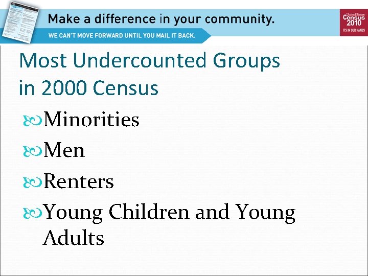 Most Undercounted Groups in 2000 Census Minorities Men Renters Young Children and Young Adults