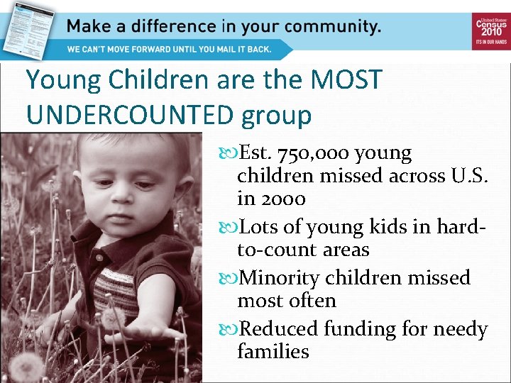 Young Children are the MOST UNDERCOUNTED group Est. 750, 000 young children missed across