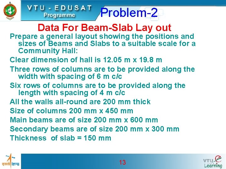 Problem-2 Data For Beam-Slab Lay out Prepare a general layout showing the positions and