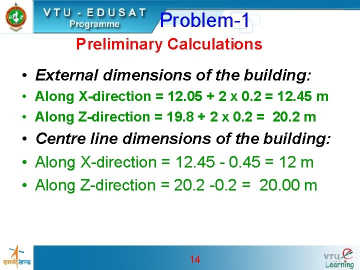 Problem-1 Preliminary Calculations • External dimensions of the building: • Along X-direction = 12.