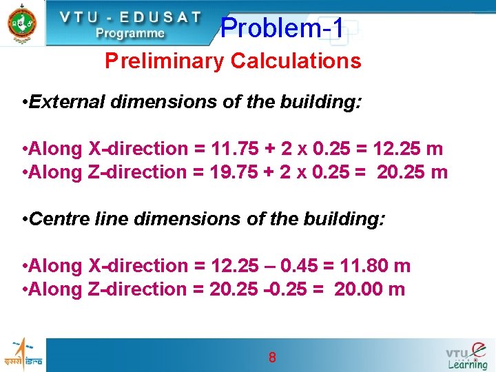 Problem-1 Preliminary Calculations • External dimensions of the building: • Along X-direction = 11.
