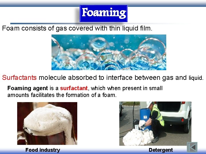Foaming Foam consists of gas covered with thin liquid film. Surfactants molecule absorbed to Foaming Foam consists of gas covered with thin liquid film. Surfactants molecule absorbed to