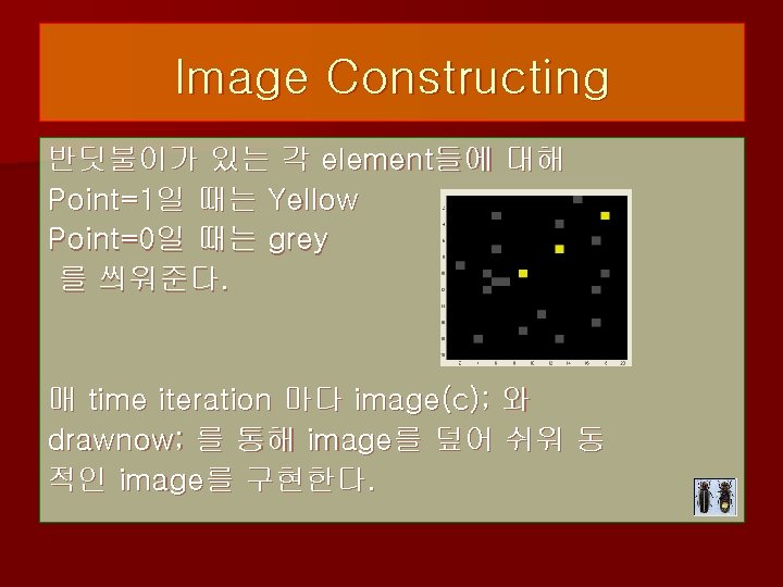 Image Constructing 반딧불이가 있는 각 element들에 대해 Point=1일 때는 Yellow Point=0일 때는 grey 를