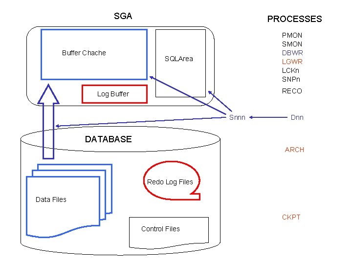 SGA Buffer Chache PROCESSES PMON SMON DBWR LGWR LCKn SNPn SQLArea RECO Log Buffer