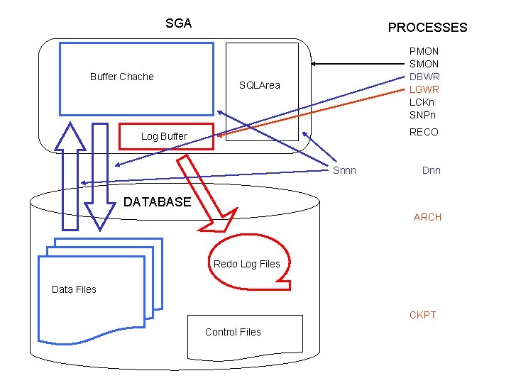 SGA Buffer Chache PROCESSES PMON SMON DBWR LGWR LCKn SNPn SQLArea RECO Log Buffer