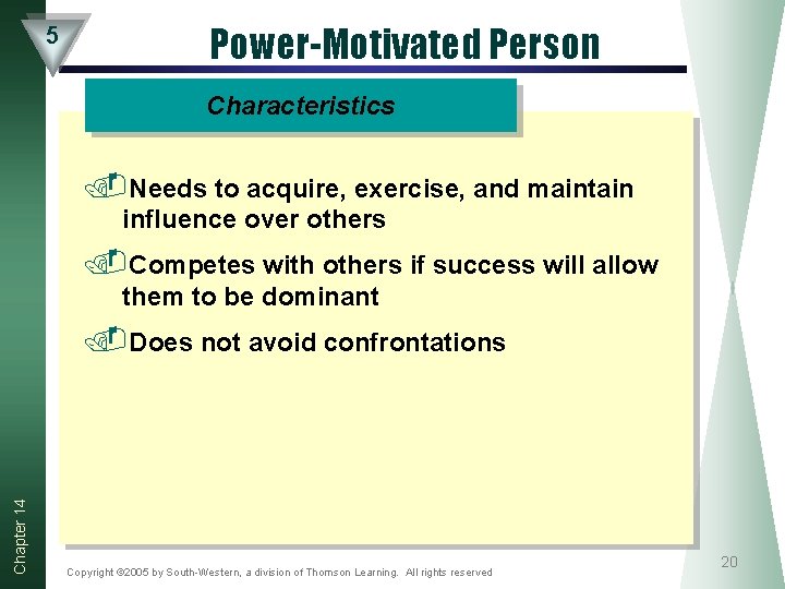 5 Power-Motivated Person Characteristics . Needs to acquire, exercise, and maintain influence over others 5 Power-Motivated Person Characteristics . Needs to acquire, exercise, and maintain influence over others