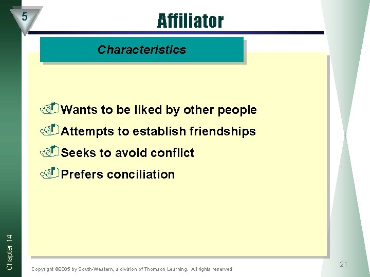 5 Affiliator Characteristics Chapter 14 . Wants to be liked by other people. Attempts 5 Affiliator Characteristics Chapter 14 . Wants to be liked by other people. Attempts