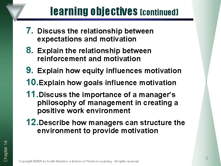 learning objectives (continued) 7. Discuss the relationship between expectations and motivation 8. Explain the learning objectives (continued) 7. Discuss the relationship between expectations and motivation 8. Explain the