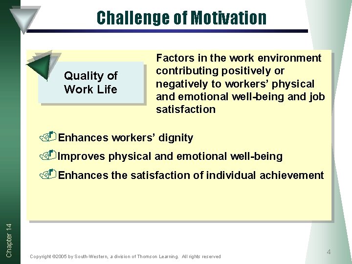 Challenge of Motivation Quality of Work Life Factors in the work environment contributing positively Challenge of Motivation Quality of Work Life Factors in the work environment contributing positively