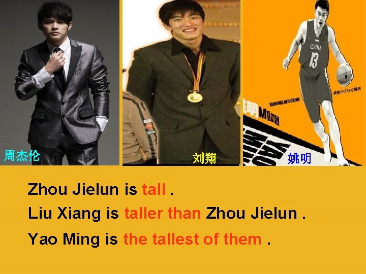 周杰伦 刘翔 姚明 Zhou Jielun is tall. Liu Xiang is taller than Zhou Jielun.
