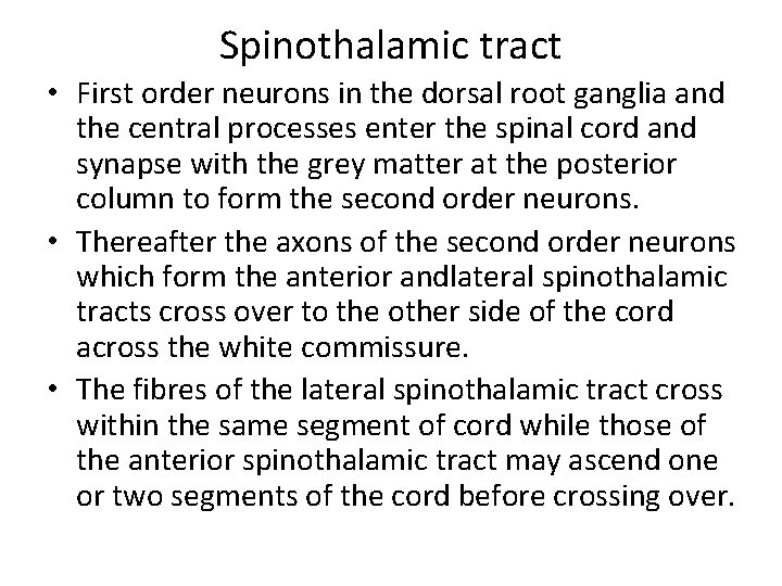 Spinothalamic tract • First order neurons in the dorsal root ganglia and the central Spinothalamic tract • First order neurons in the dorsal root ganglia and the central