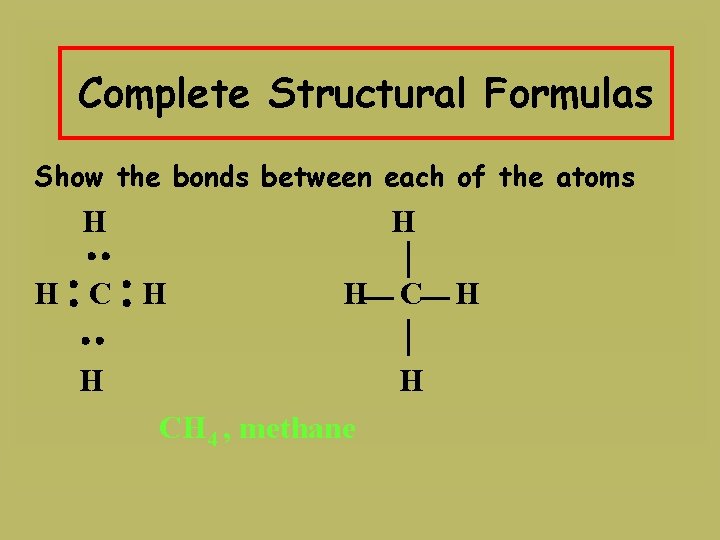 Complete Structural Formulas Show the bonds between each of the atoms H H H