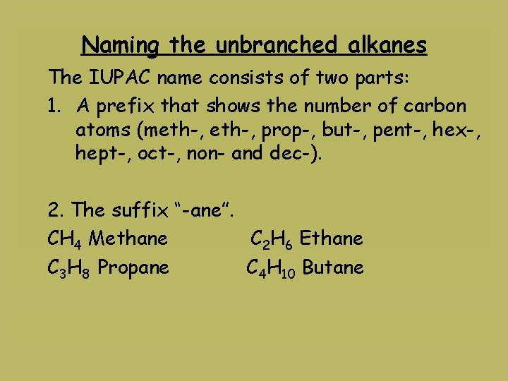 Naming the unbranched alkanes The IUPAC name consists of two parts: 1. A prefix