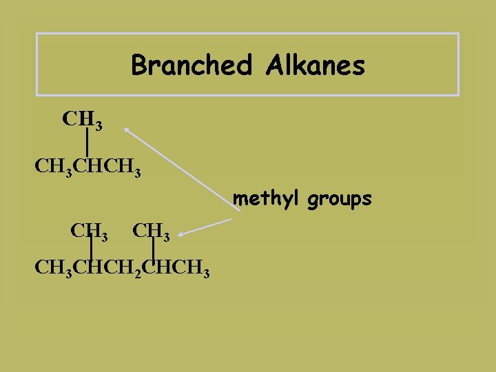 Branched Alkanes CH 3 CHCH 3 methyl groups CH 3 CHCH 2 CHCH 3