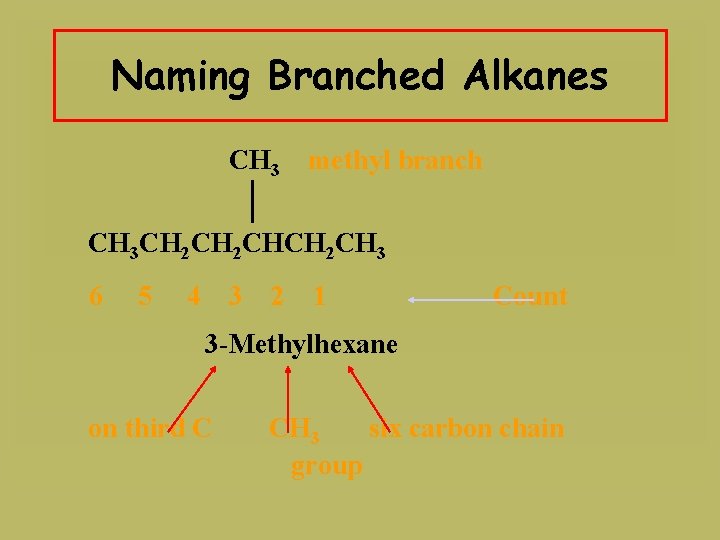 Naming Branched Alkanes CH 3 methyl branch CH 3 CH 2 CHCH 2 CH