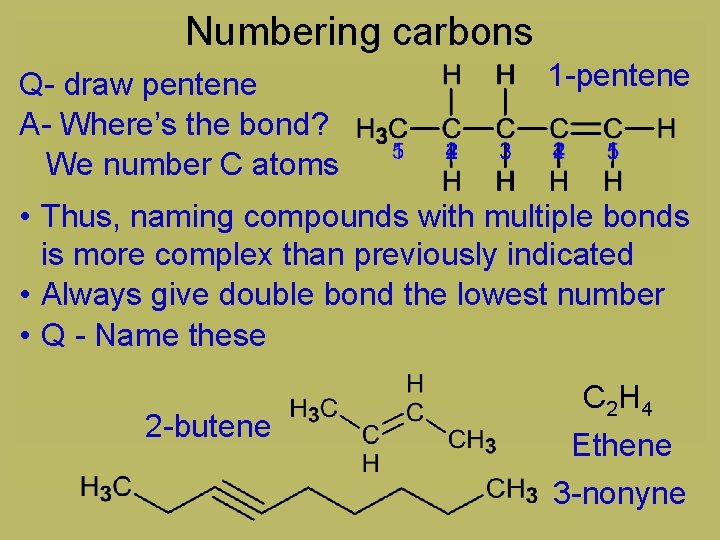 Numbering carbons Q- draw pentene A- Where’s the bond? We number C atoms 1