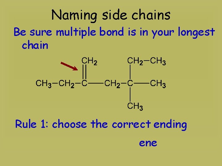Naming side chains Be sure multiple bond is in your longest chain Rule 1: