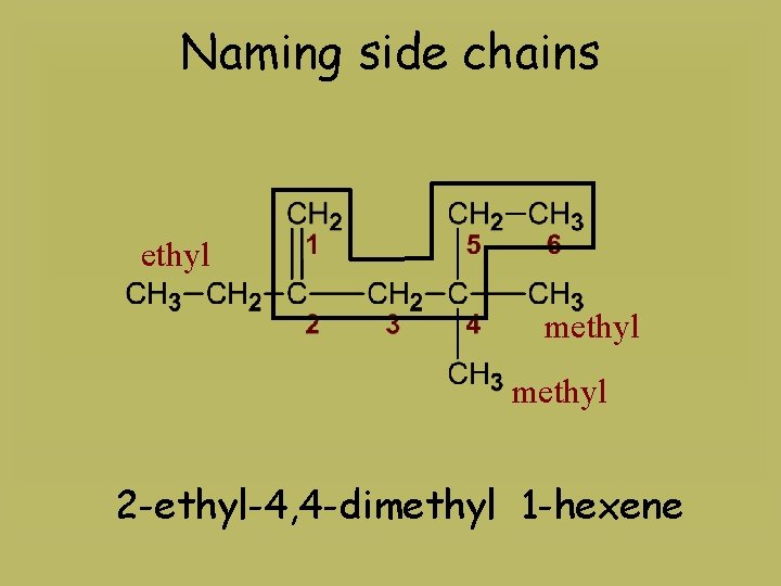 Naming side chains ethyl methyl 2 -ethyl-4, 4 -dimethyl 1 -hexene 