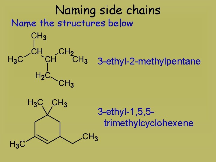 Naming side chains Name the structures below 3 -ethyl-2 -methylpentane 3 -ethyl-1, 5, 5