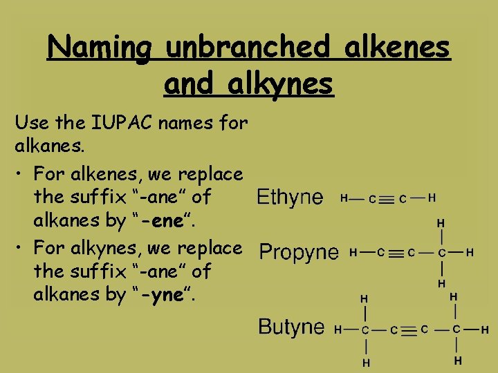 Naming unbranched alkenes and alkynes Use the IUPAC names for alkanes. • For alkenes,