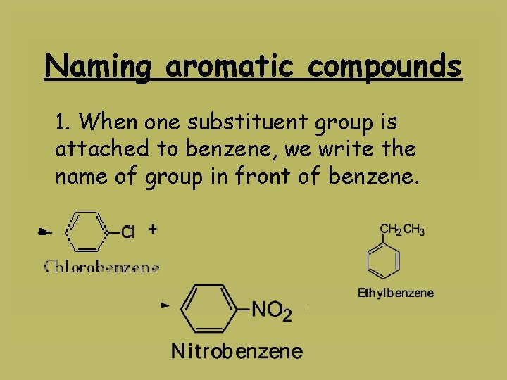 Naming aromatic compounds 1. When one substituent group is attached to benzene, we write