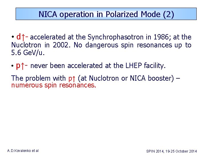 NICA operation in Polarized Mode (2) • d↑- accelerated at the Synchrophasotron in 1986;