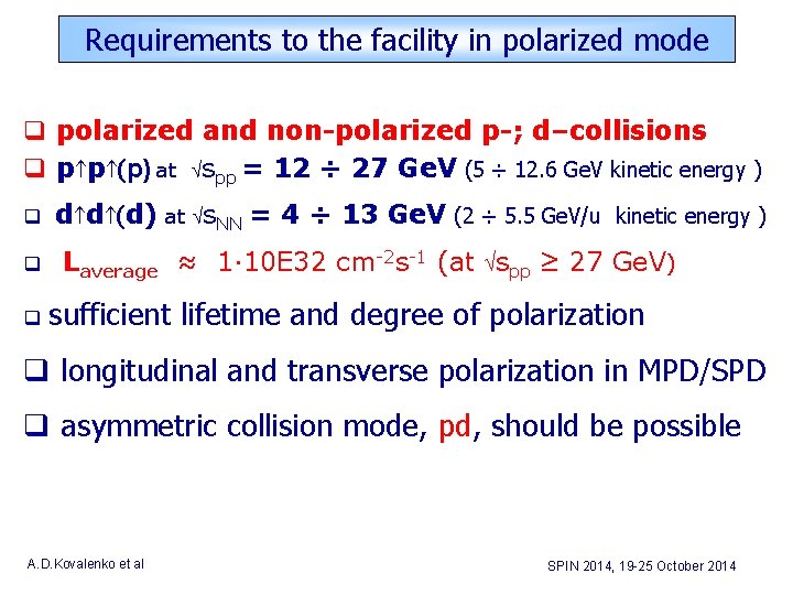 Requirements to the facility in polarized mode polarized and non-polarized p-; d–collisions p p