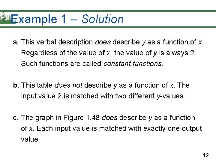 Example 1 – Solution a. This verbal description does describe y as a function