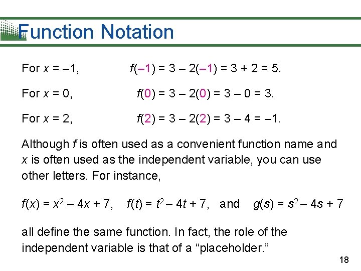 Function Notation For x = – 1, f (– 1) = 3 – 2(–