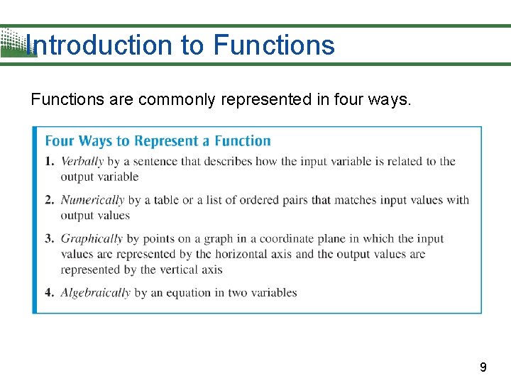 Introduction to Functions are commonly represented in four ways. 9 