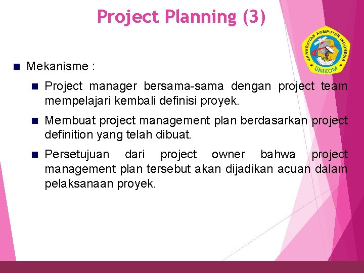 Project Planning (3) 29 n Mekanisme : n Project manager bersama-sama dengan project team