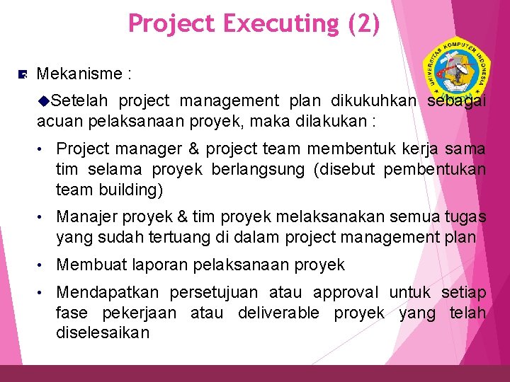 Project Executing (2) n 31 Mekanisme : Setelah project management plan dikukuhkan sebagai acuan