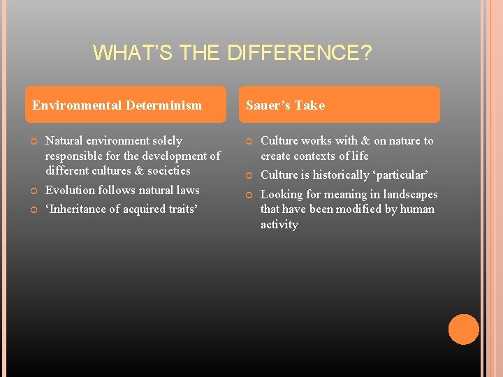 WHAT’S THE DIFFERENCE? Environmental Determinism Natural environment solely responsible for the development of different