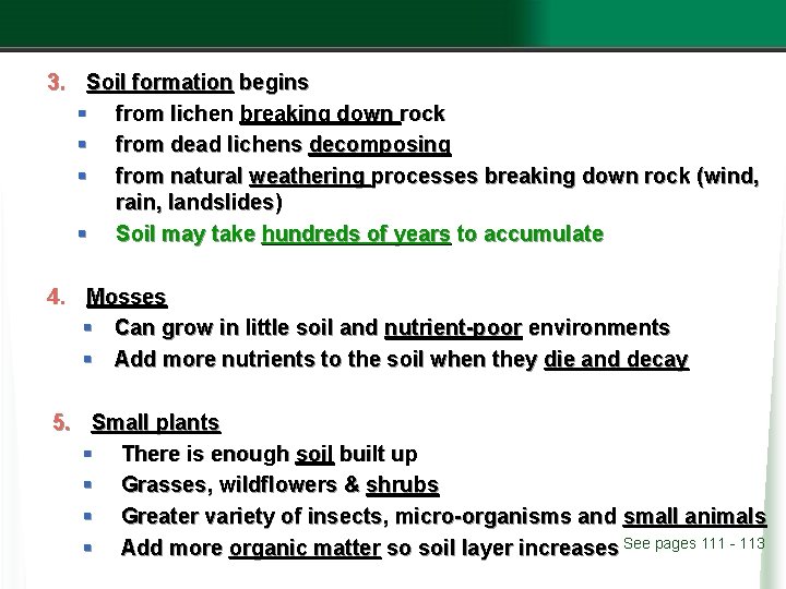 3. Soil formation begins § from lichen breaking down rock § from dead lichens