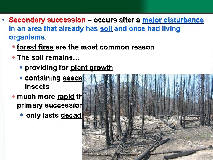  • Secondary succession – occurs after a major disturbance in an area that