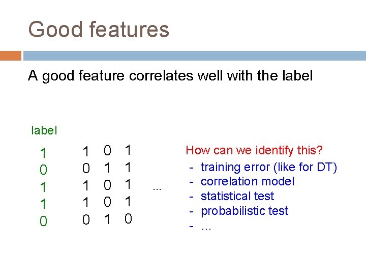 Good features A good feature correlates well with the label 1 0 1 1