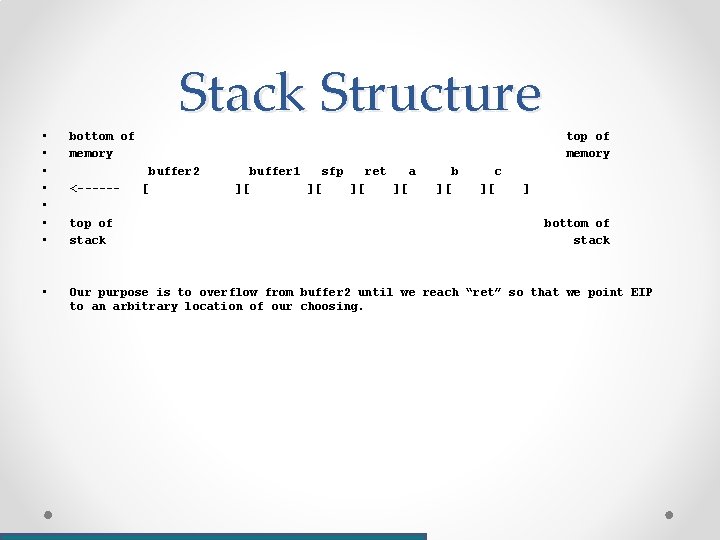 Stack Structure • • bottom of memory • Our purpose is to overflow from