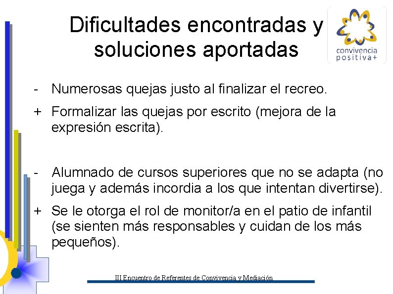 Dificultades encontradas y soluciones aportadas - Numerosas quejas justo al finalizar el recreo. +