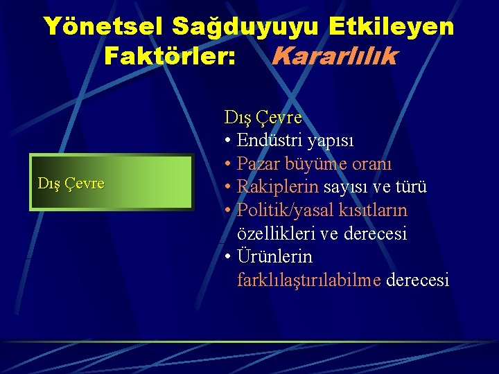 Yönetsel Sağduyuyu Etkileyen Faktörler: Kararlılık Dış Çevre • Endüstri yapısı • Pazar büyüme oranı